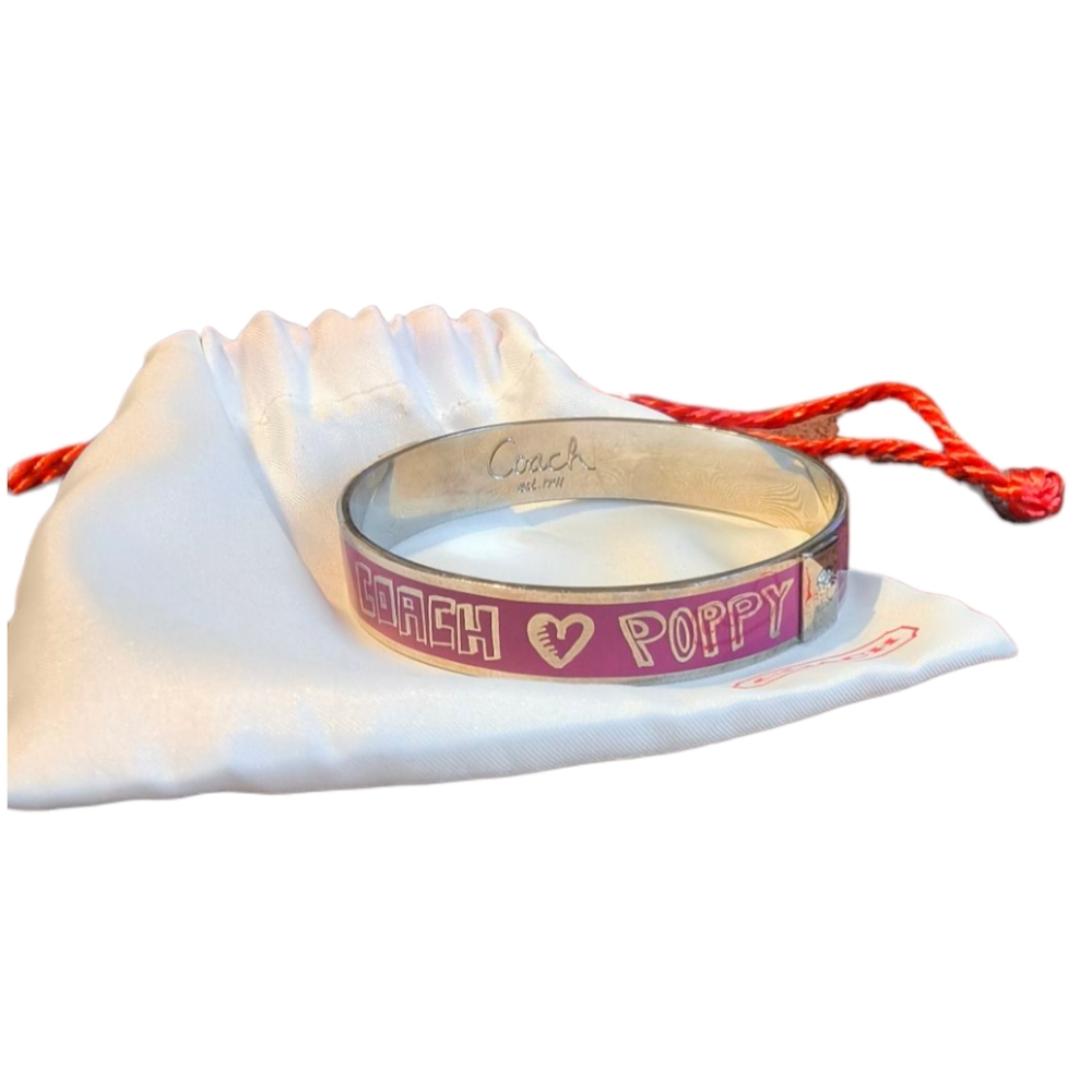 Coach Poppy Hot Pink and Silver Heart Bangle Bracelet with Dust Bag
